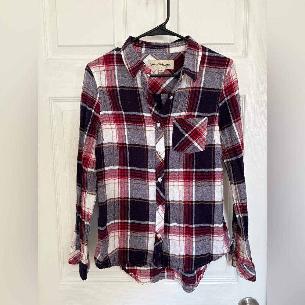 Women's Plaid Button Down Shirt - Red, Navy, White, Gold